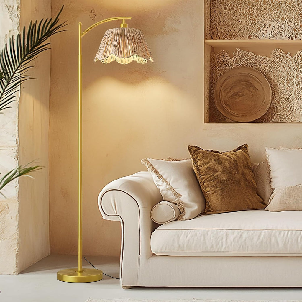 Gold Rattan Arc Floor Lamp with Foot Switch