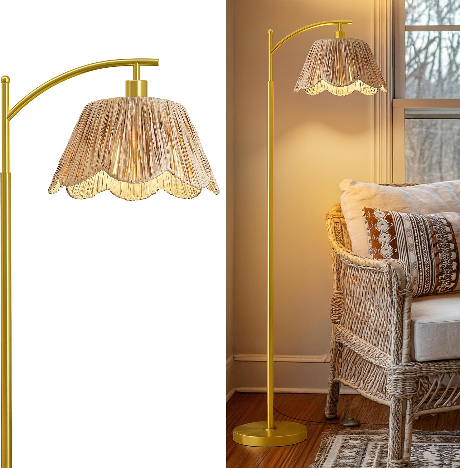 Gold Rattan Arc Floor Lamp with Foot Switch