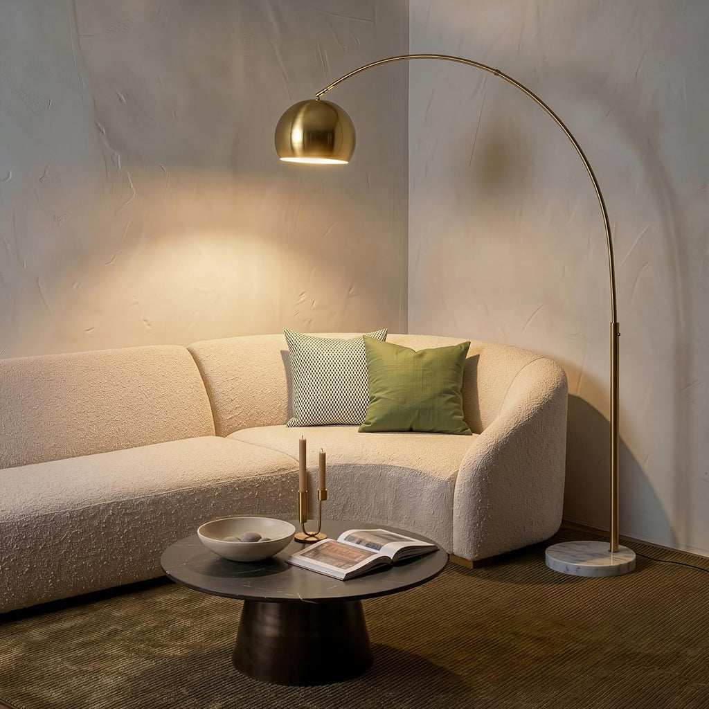 Brass Spotlight Head Arc Floor Lamp with Marble Base