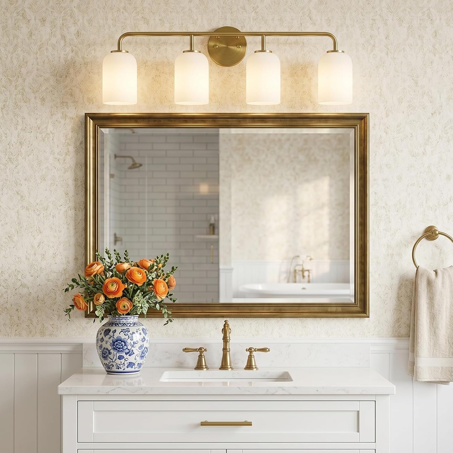 4-Light Gold Milk Glass Vanity Light