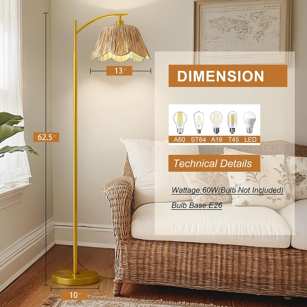 Gold Rattan Arc Floor Lamp with Foot Switch