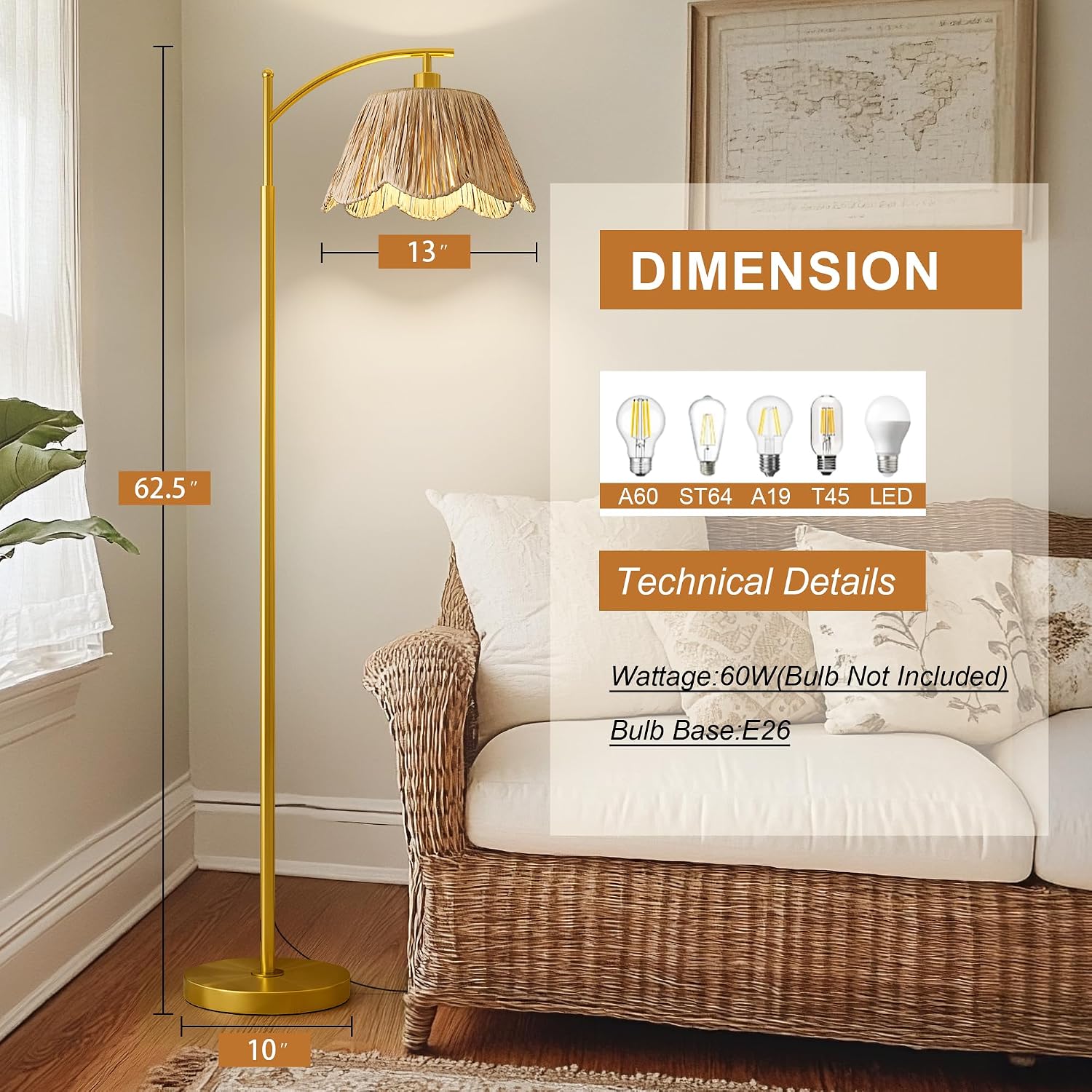 Gold Rattan Arc Floor Lamp with Foot Switch