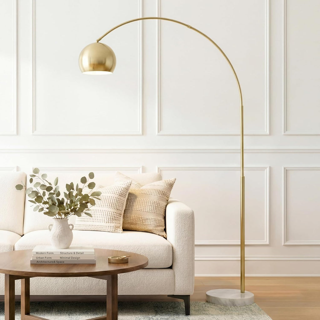 Brass Spotlight Head Arc Floor Lamp with Marble Base