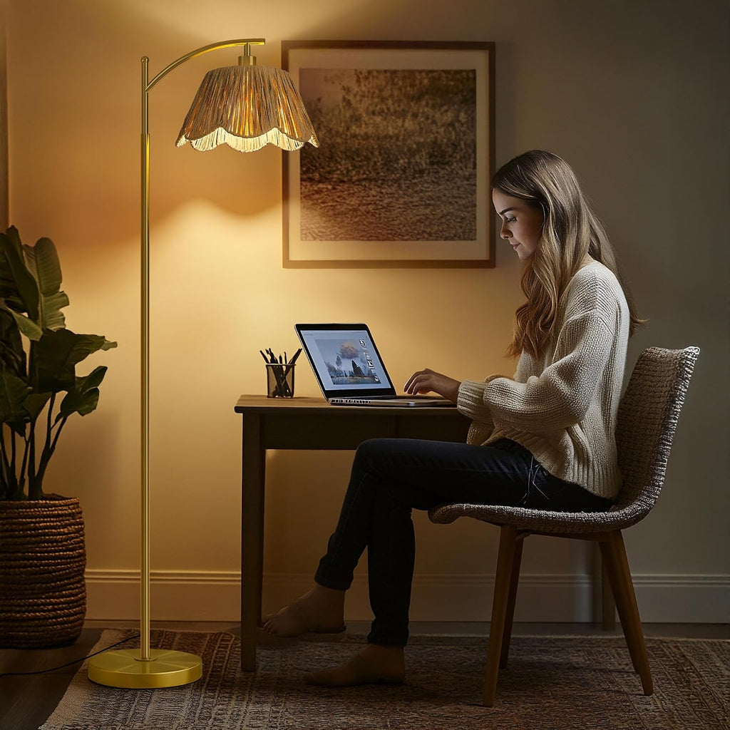 Gold Rattan Arc Floor Lamp with Foot Switch