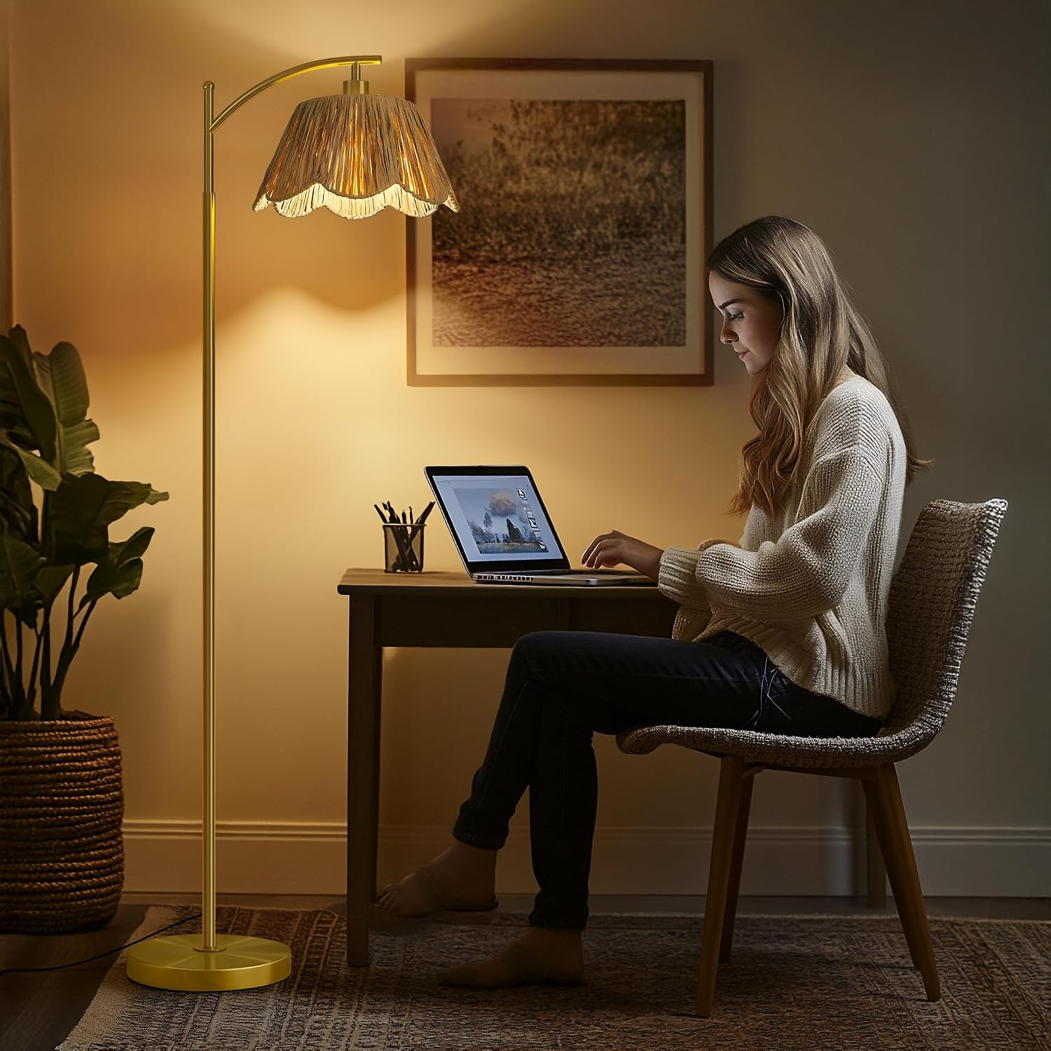 Gold Rattan Arc Floor Lamp with Foot Switch